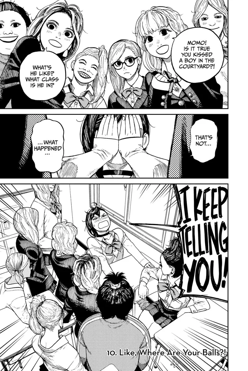 Momo covers her hand with her palms as her classmates tease her for kissing a boy in the courtyard.