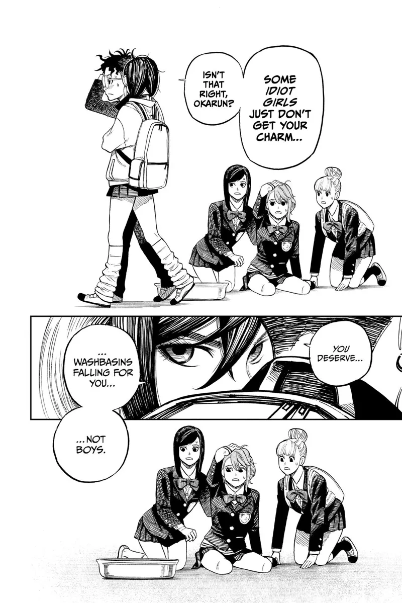 Momo and Okarun pass by Aura and her friends. Momo looks seriously looks at Aira, who is still on the floor.