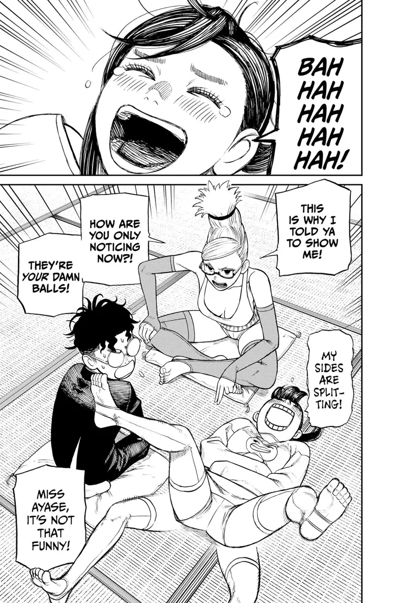 Momo rolls on the floor, laughing so hard as Okarun talks to Grandma about his missing balls.