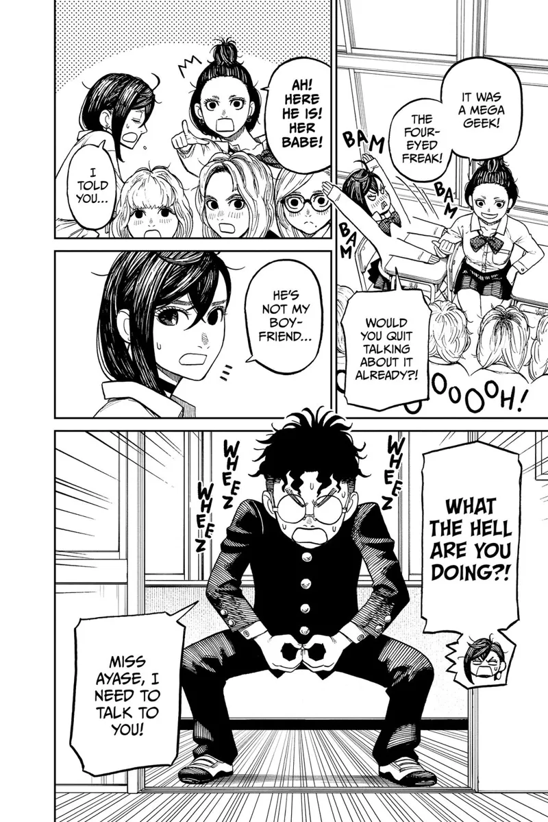 One classmate reveals Momo kissed the four-eyed freak. Okarun arrives and calls Momo's attention, signaling about his balls.