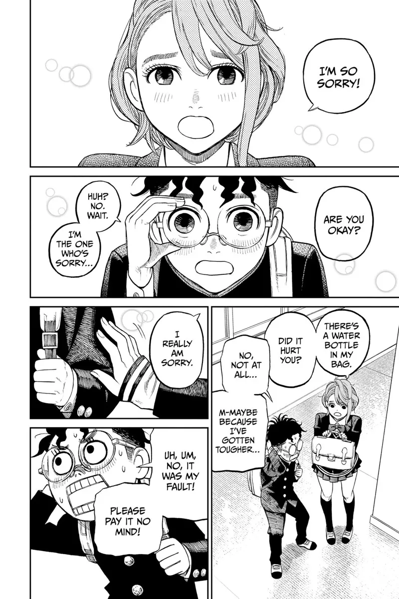 The lady apologizes while Okarun adjusts his glasses. They started talking.