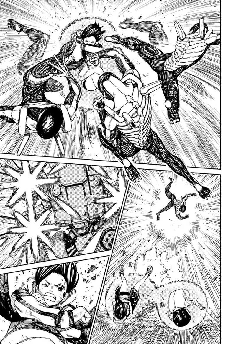 The skinny alien follows with more punches and kicks at Momo. The robot alien sends more volleys.