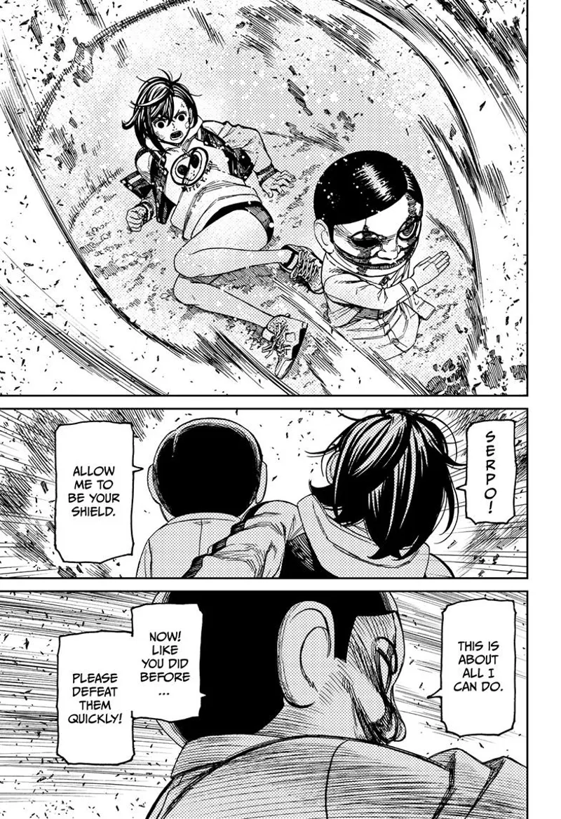 Serpo stands before Momo and protects her using a barrier. He tells Momo to quickly defeat them.