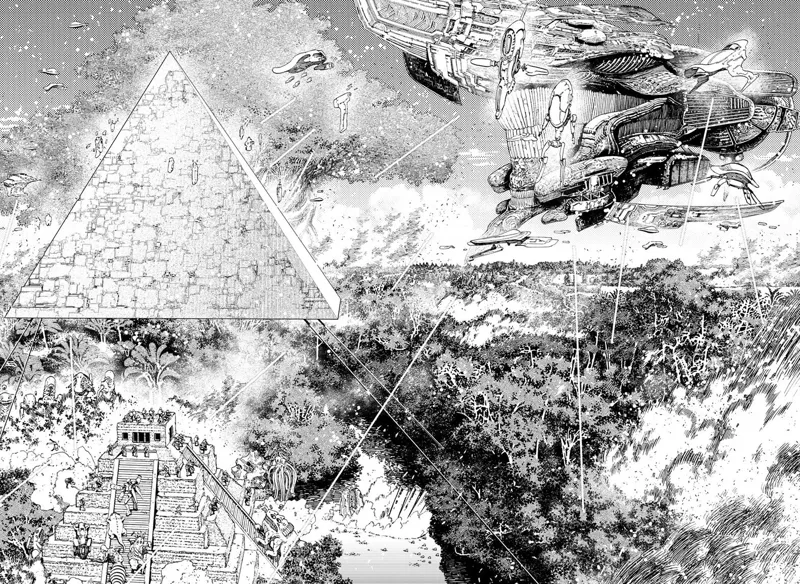 Alien spaceships attack a pyramid in the middle of the forest. The forest burns during the invasion.