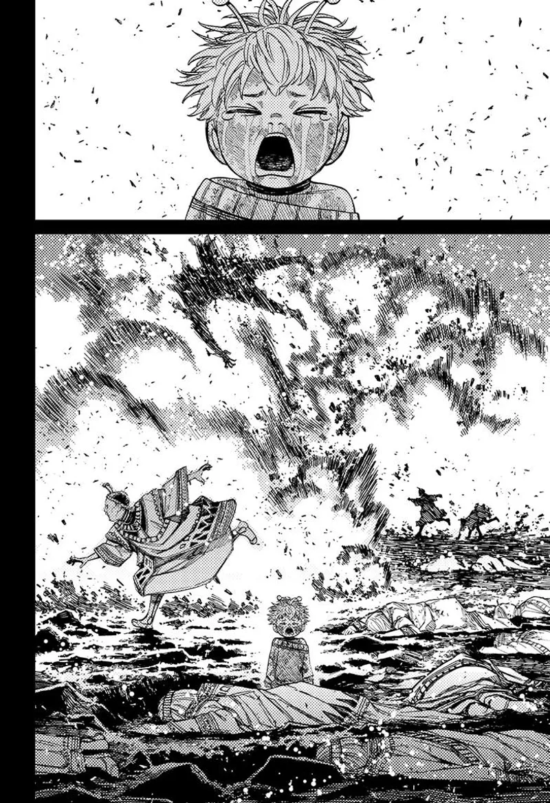 A kid cries as the beings behind him run amidst the explosion.