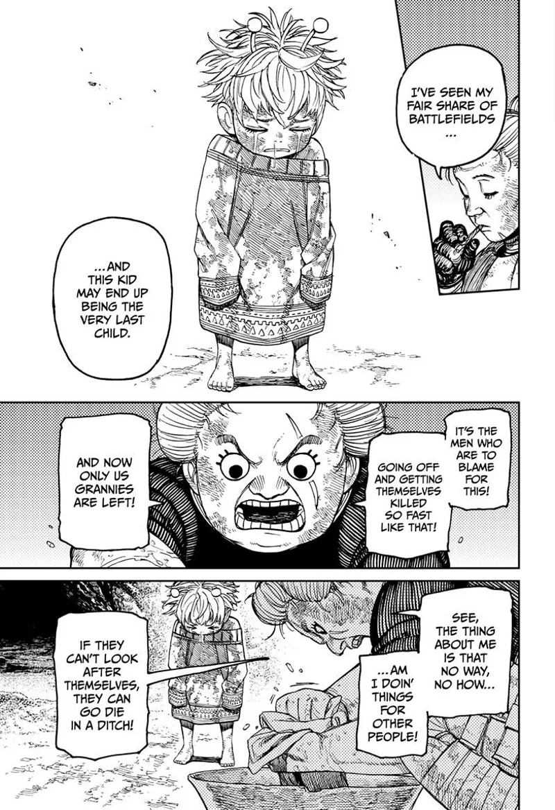 The older woman complains about men dying because of war.