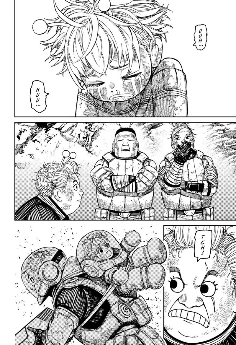 The kid cries. The two soldiers and the older woman keep quiet. The older woman hears something and puts the kid behind her.