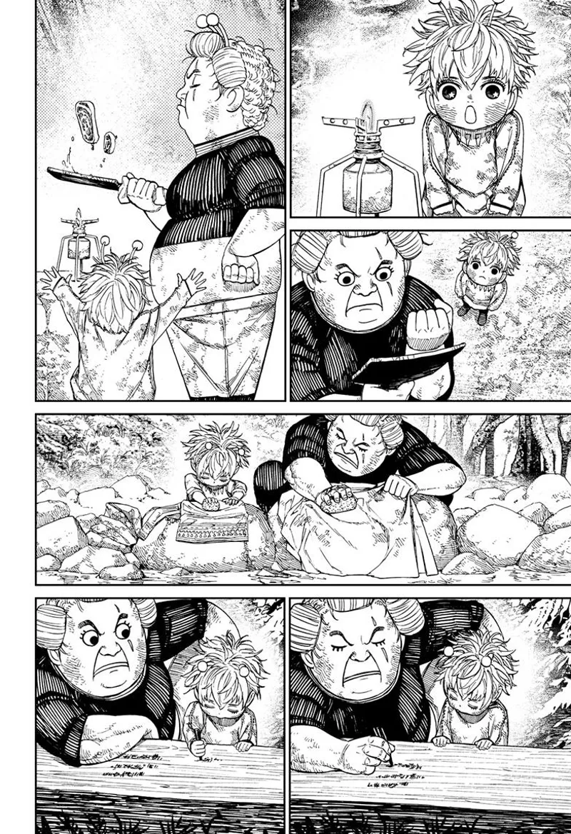 The kid is impressed at the old woman's cooking. She helps granny with the chores. Granny teaches her to write.