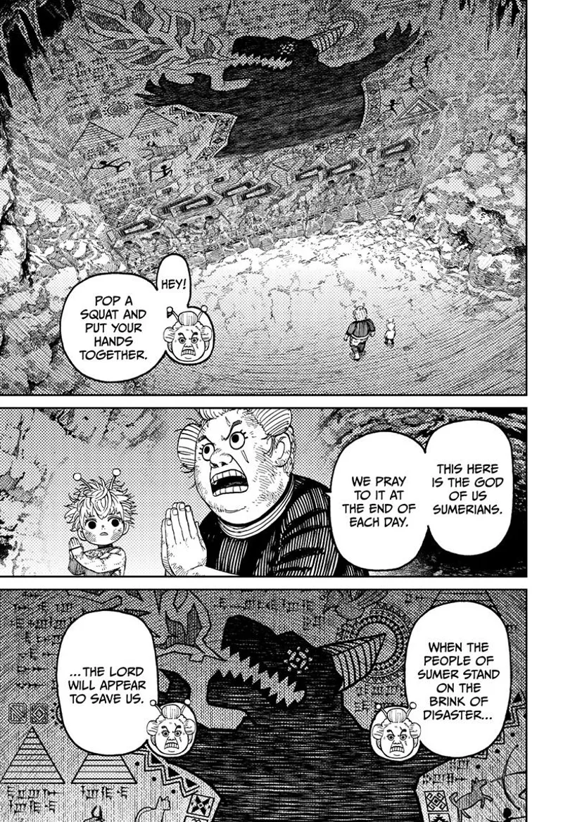 Granny and the kid enter a cave with a Kaiju drawing. Granny tells the Kaiju is their savior.