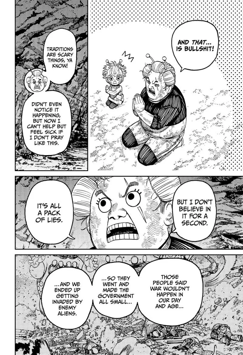 Granny and the kid kneel and pray. She reveals she doesn't believe in the Kaiju saving them.