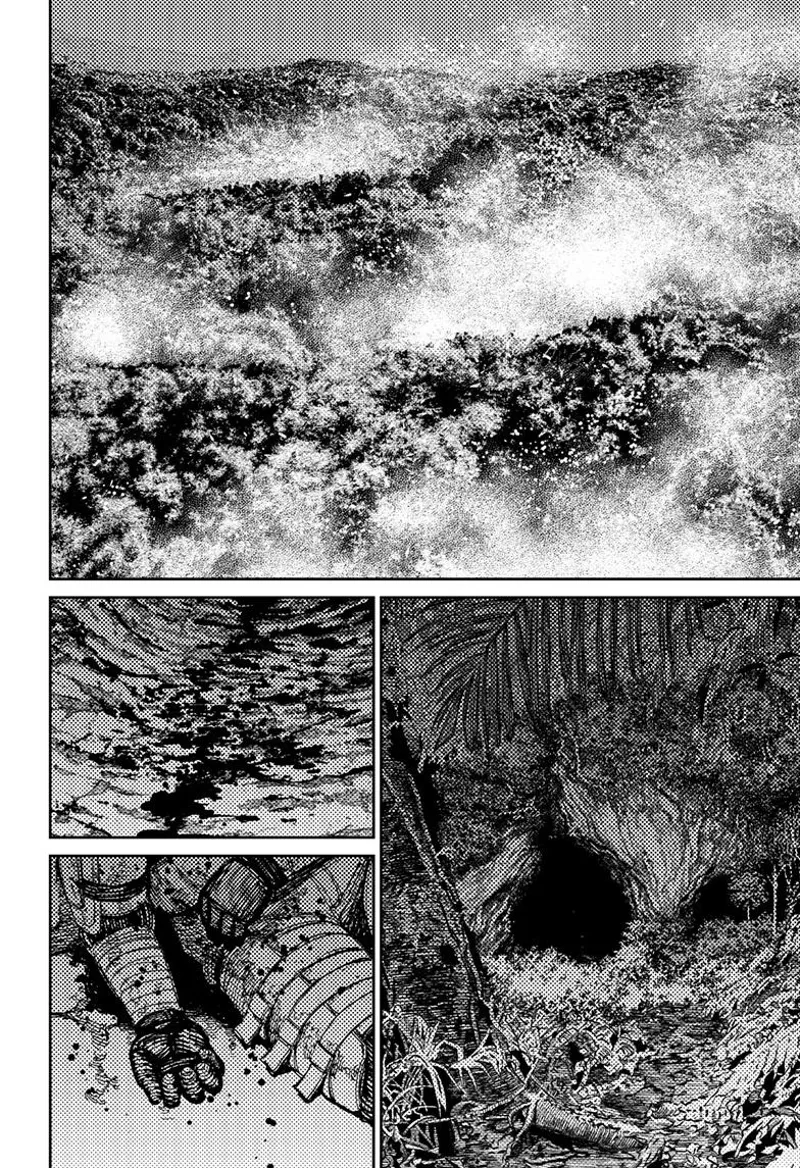 The forest burns and a bloody trail leads to a cave.