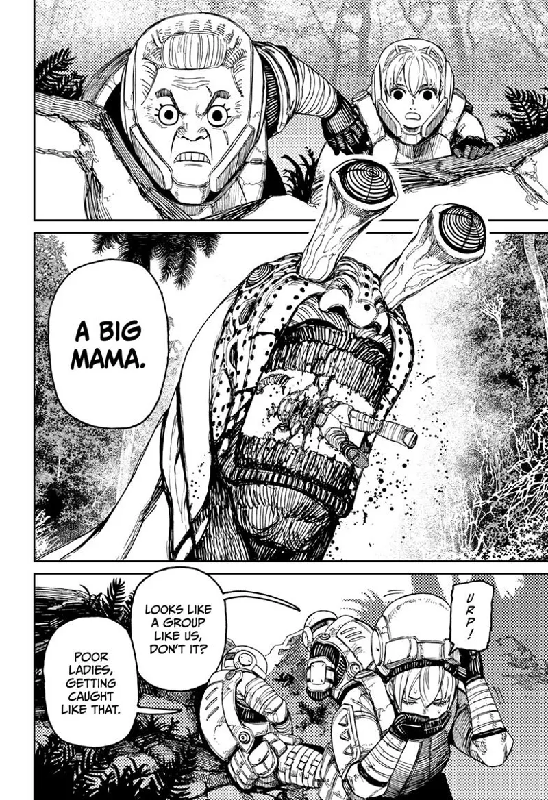 Vamola pukes after seeing the huge monster alien Big Mama defeat the captured soldiers.