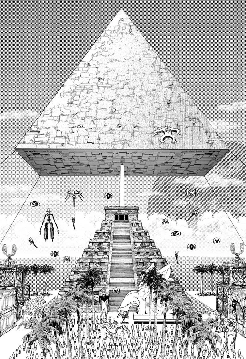 A pyramid floats above while aliens hover below it, and the Big Mama devours soldiers on the ground.