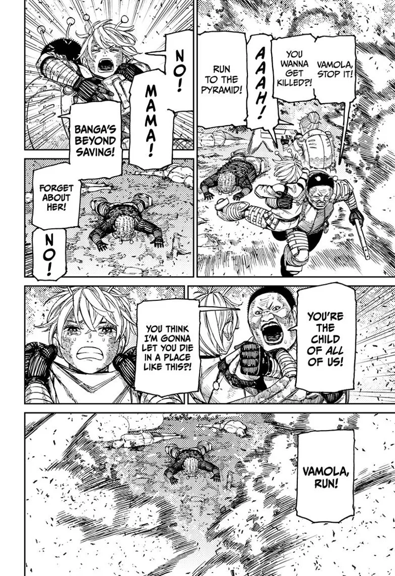 The other female soldier grabs Vamola as they flee to the pyramid amidst the explosions. Vamola cries.