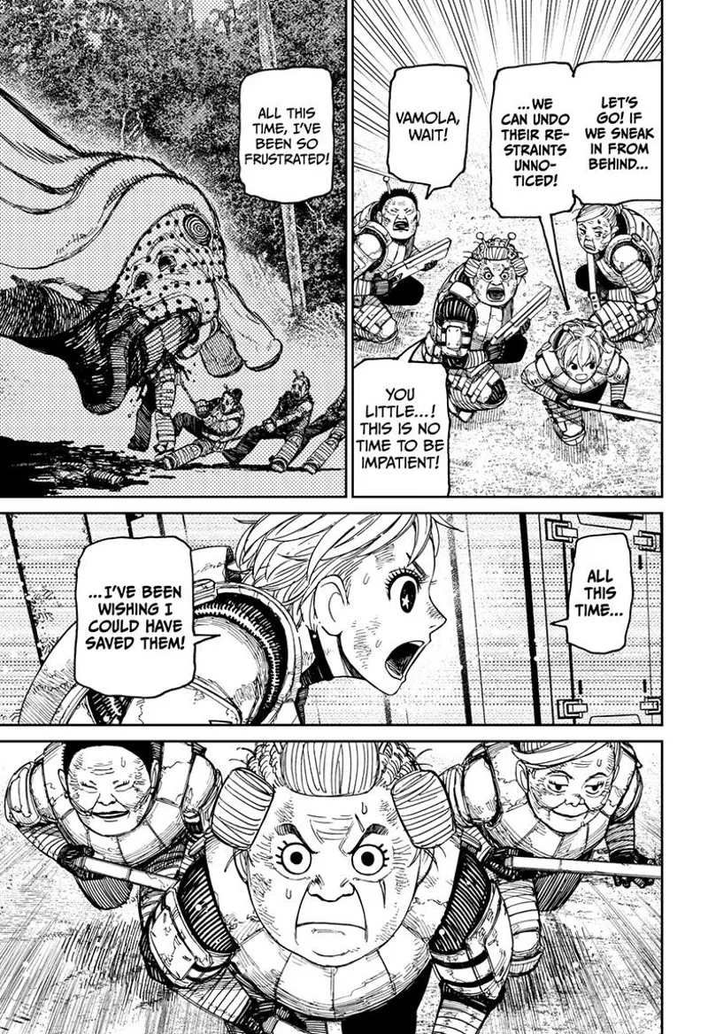 Vamola runs as she wants to remove the captured soldiers' restraints. The three soldiers follow her.