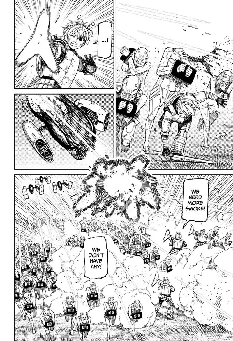 Vamola ducks fires back at the robot alien and destroys it. Smoke screens appear as the soldiers start running.