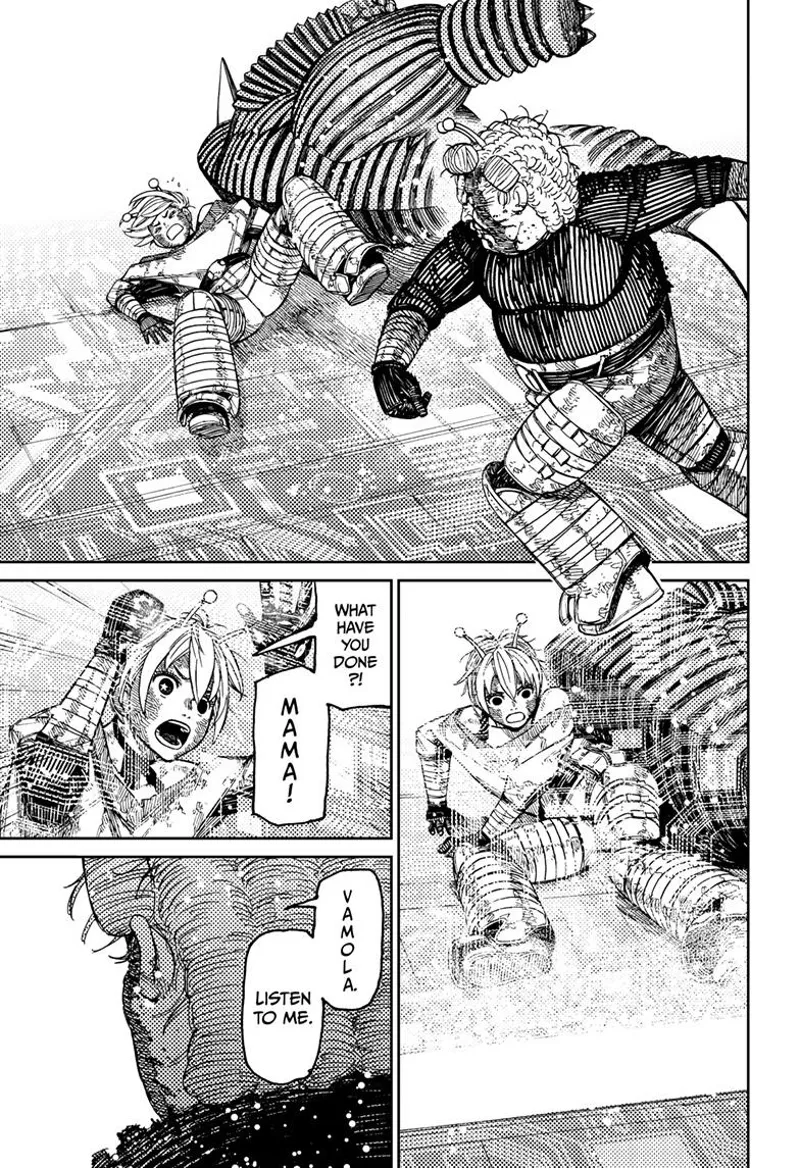 Ms. Banga punches Vamola to the ground so she can warp away and escape.