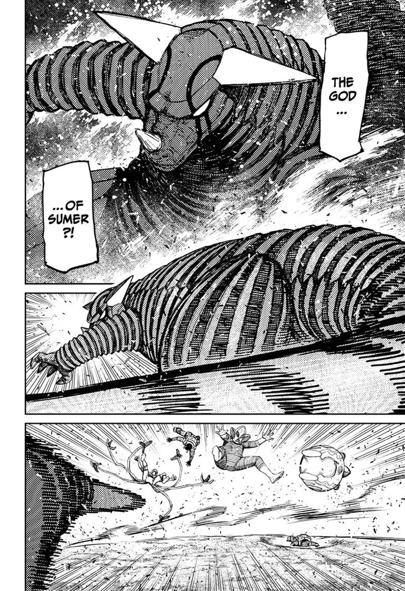 The Kaiju, the God of Sumer, stands amidst the flames and kicks the three enemy aliens.