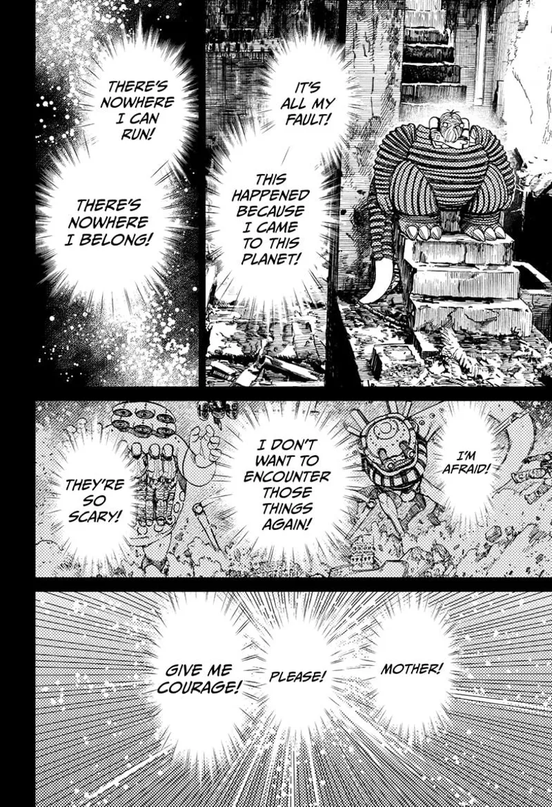 Vamola goes inside an abandoned building and cries. She recalls the alien invaders and asks her mother to give her courage.