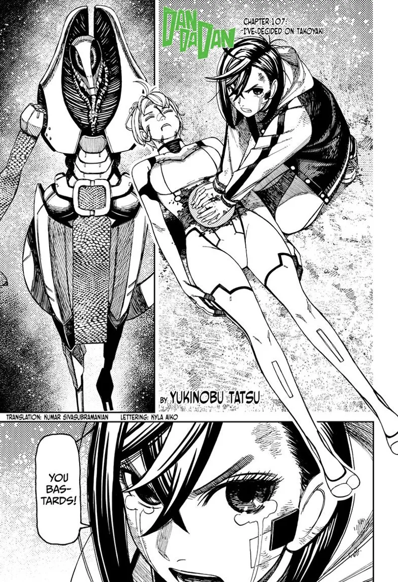 Momo heals Vamola's wound on her belly while glaring at the alien leader.