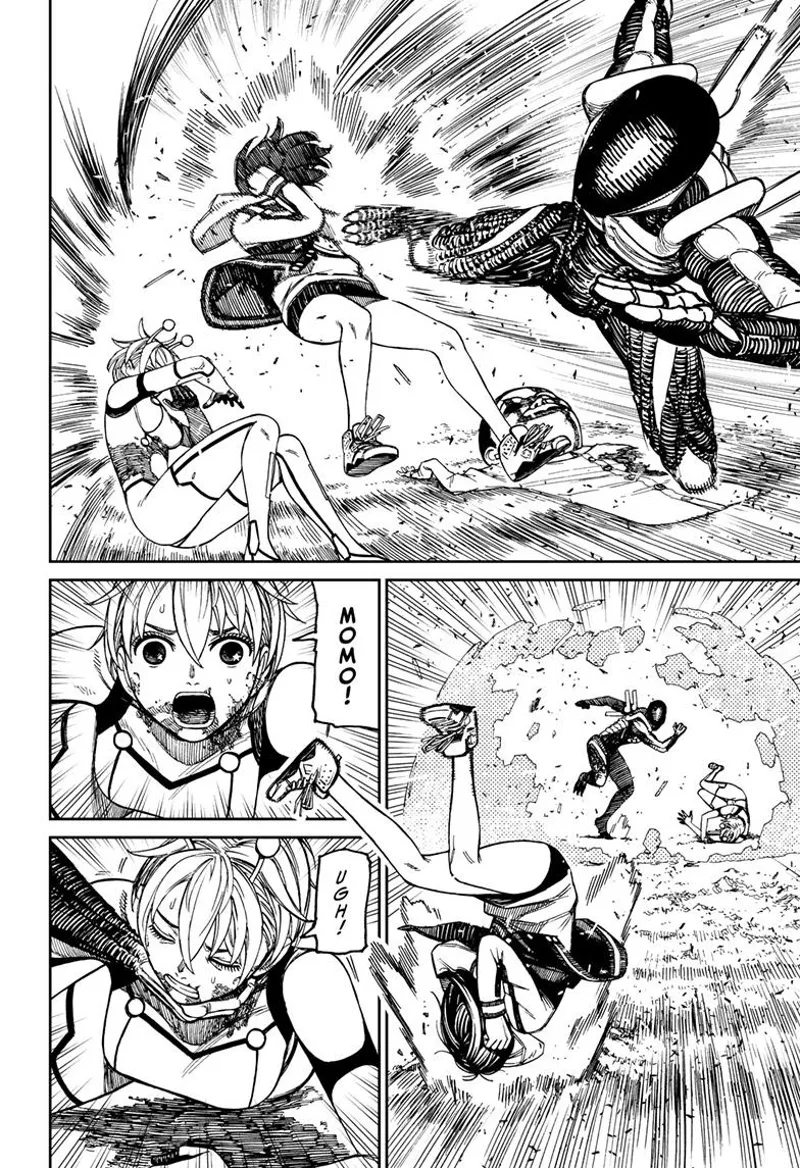 The skinny alien kicks Momo and chokes Vamola's neck.