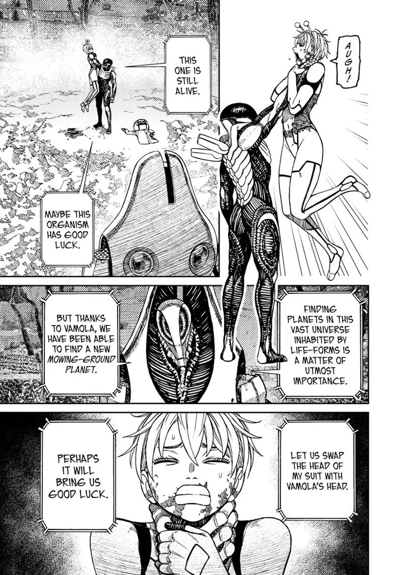 The skinny alien grabs Vamola's neck and raises her. Vamola chokes. The alien leader watches.