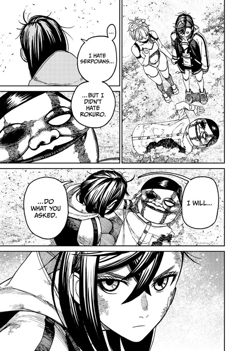 Vamola and Momo stand before Rokuro, the Serpoian. She touches his head and looks at the enemy seriously.