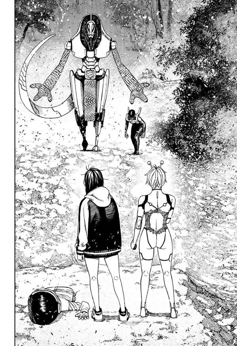 Vamola and Momo stand before the alien leader and the skinny alien.
