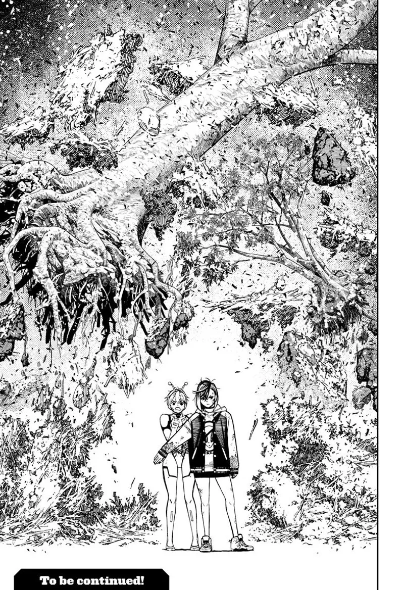 Momo levitates huge trees behind her while protecting Vamola.