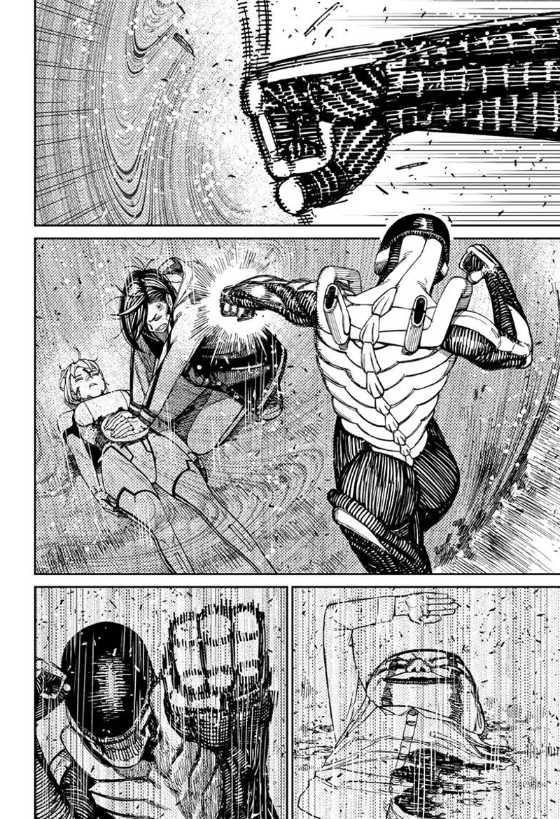 The skinny alien punches Momo, but Serpo protects them with his barrier.