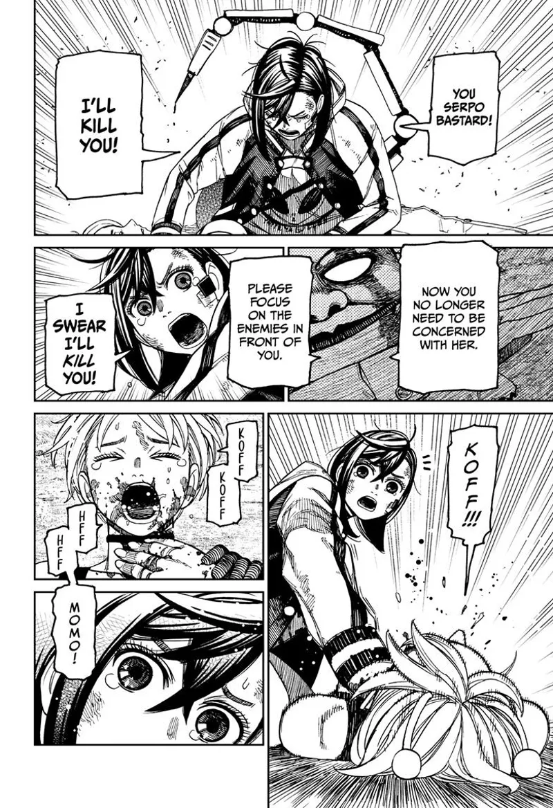 Momo cries and gets mad at Serpo for piercing Vamola. Vamola suddenly wakes up and coughs.