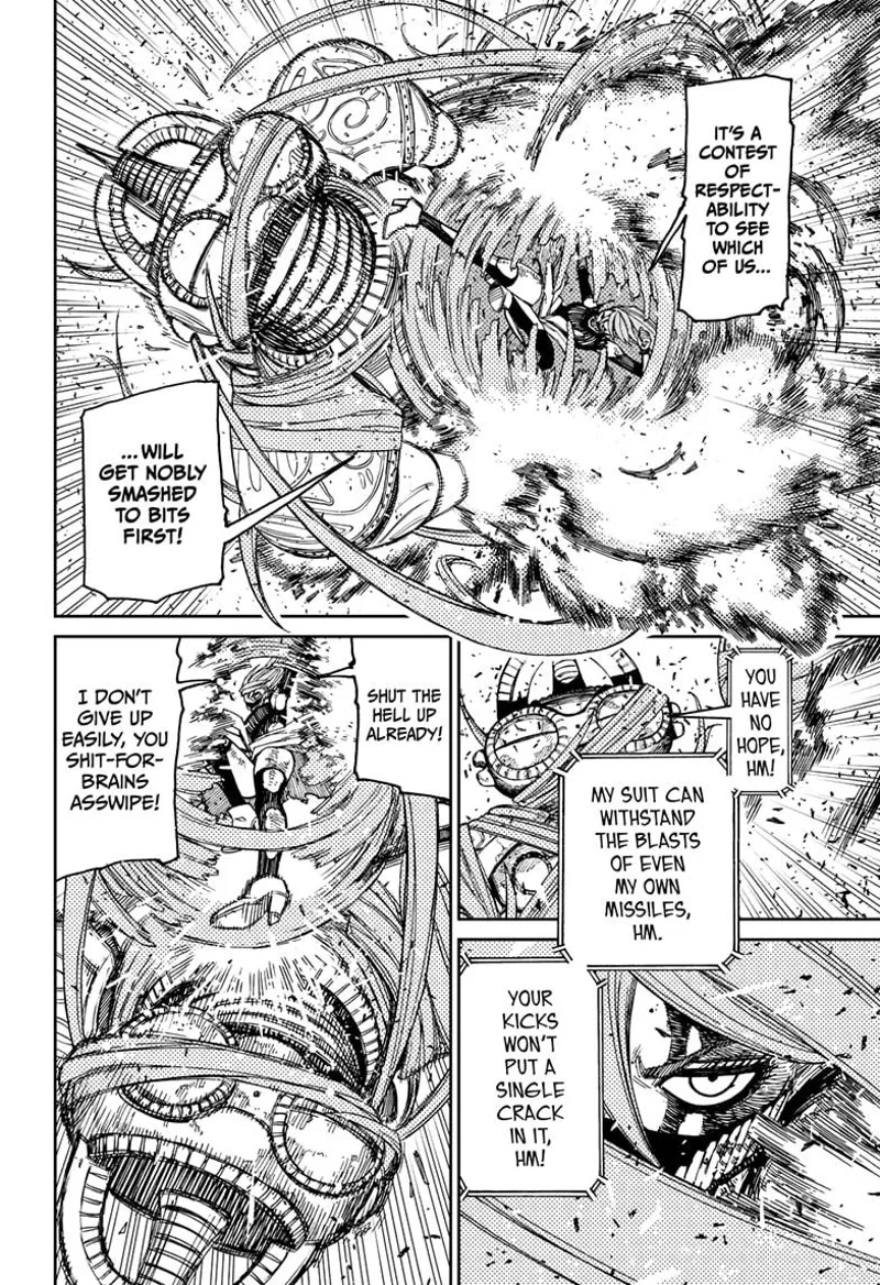 Cursed Aira unleashes a barrage of kicks at the missile alien, who claims his armor is extremely tough.