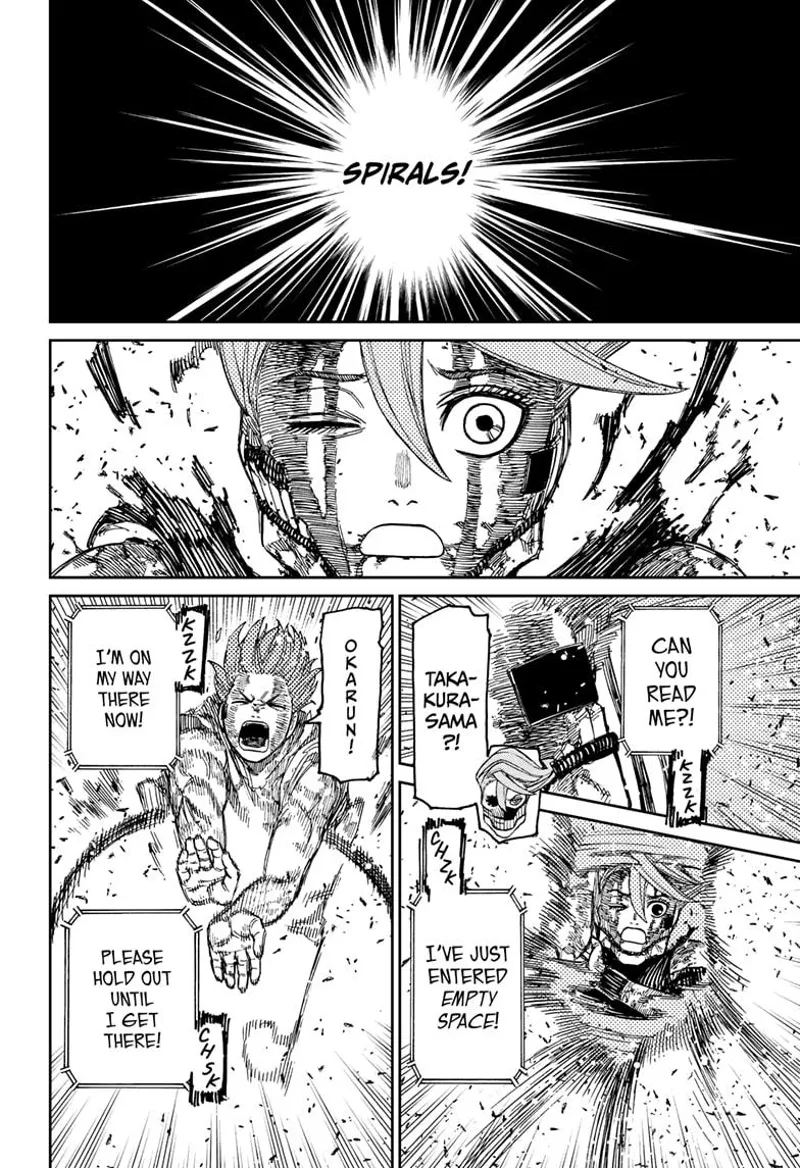 Cursed Aira and Jiji hear Okarun's voice saying, "Spirals," and that he's on his way there.