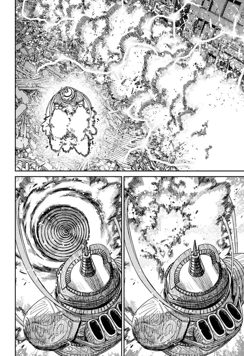 The missile alien notices the destruction beside them. Suddenly, pointed hairs spiraling in front of him appear.