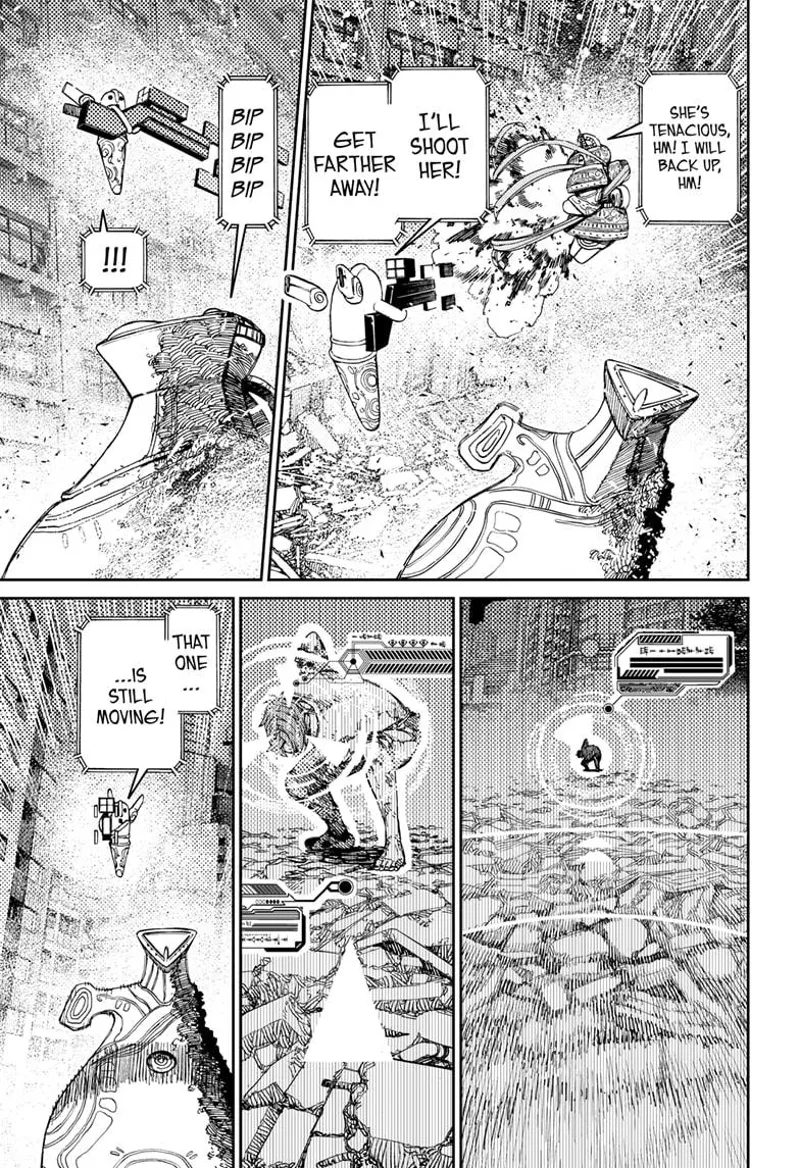 The sniper alien fires at Aira and tells the missile robot he will back him up. The fat robot notices Jiji making a pose.