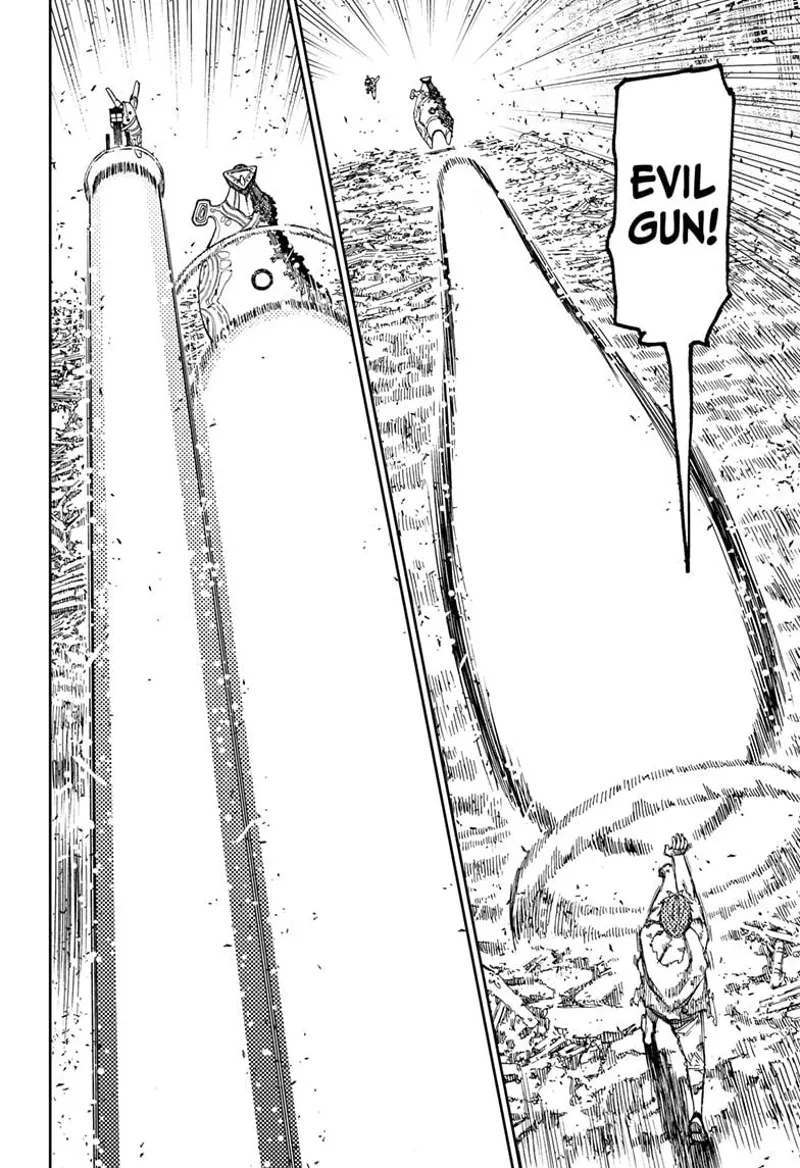 Jiji fires a massive "Evil Gun" at the fat robot. The sniper robot and fat robot return fire at Jiji.