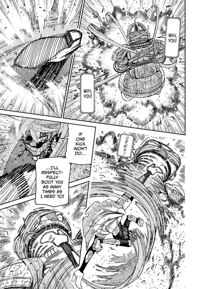 Cursed Aira lands a kick at the missile robot's chin.