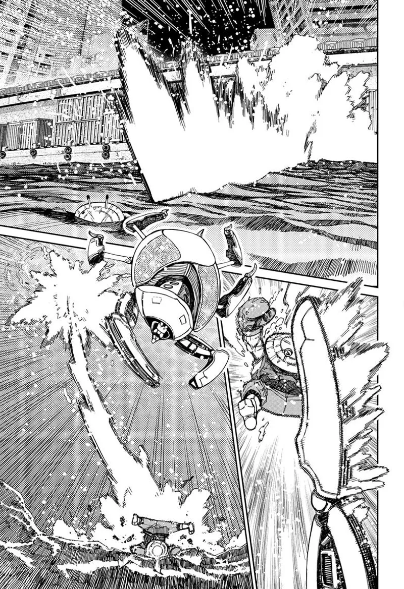 The mantis alien jumps to the water and attacks Mr. Shrimp.