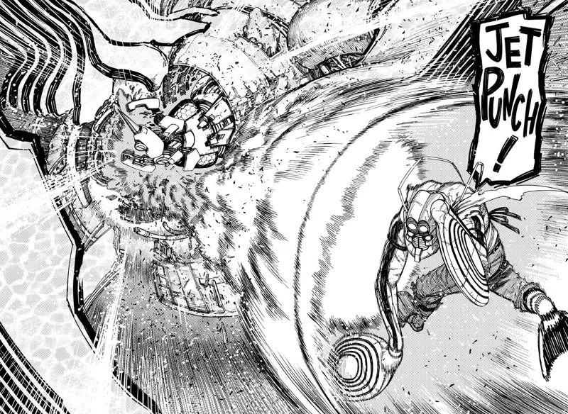 Transformed Mr. Shrimp attacks the alien mantis with "Jet Punch."