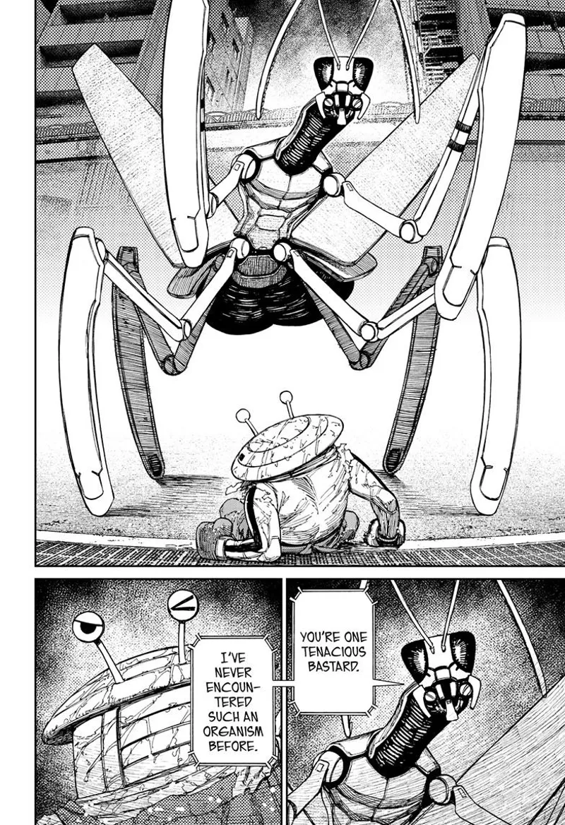 The mantis alien stands before Mr. Shrimp, who is just about to stand up.