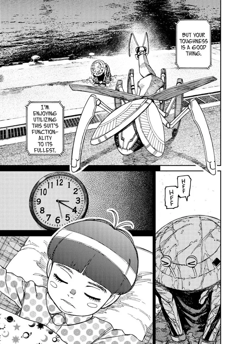 The mantis alien praises Mr. Shrimp's toughness. Mr. Shrimp recalls his son Chiquitita sleeping in bed.