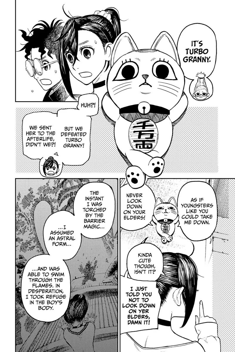 Grandma says the soul inhabiting the kitten is Turbo Granny. Turbo Granny lays down and explains how she survived the flames.