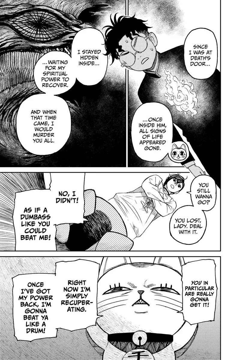 Turbo Granny says he took refuge in Okarun's body, waiting for her powers to return. Momo stands facing her.