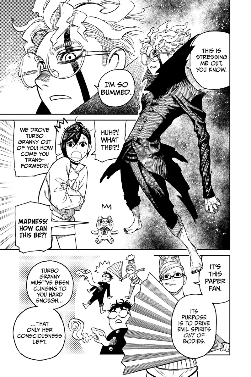 Okarun transforms into her cursed form, but not as ugly as before. Momo & Turbo Granny are shocked! Grandma explains things.