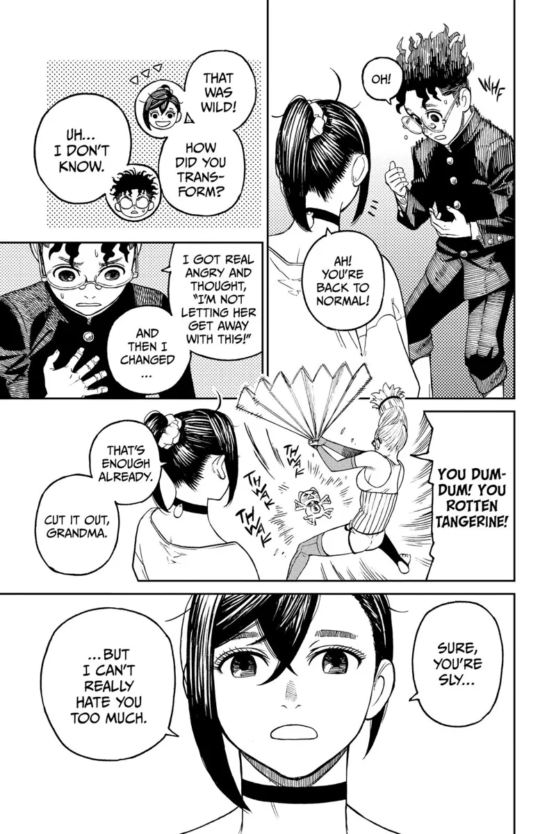 Okarun turns back to normal and explains how he changed. Grandma keeps beating Turbo Granny with the paper fan.