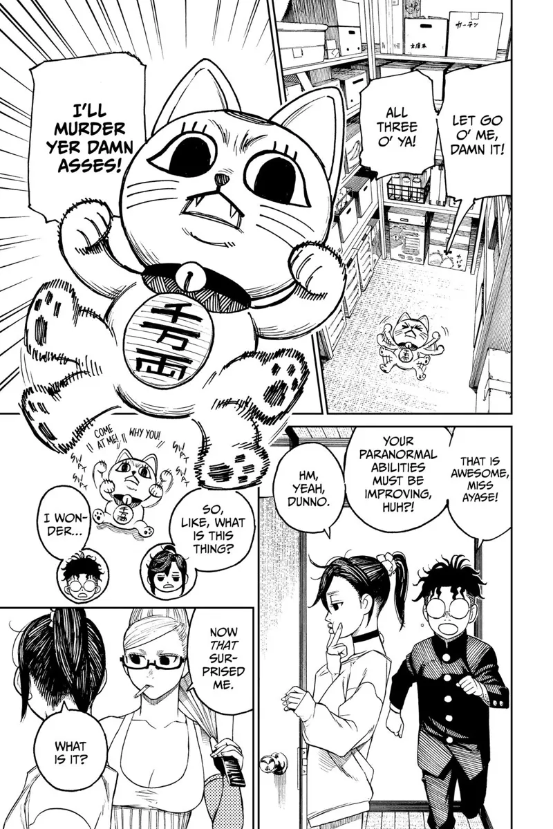 The kitten suddenly spoke while squiggling on the floor. Momo, Okarun, and Grandma arrive at the room.