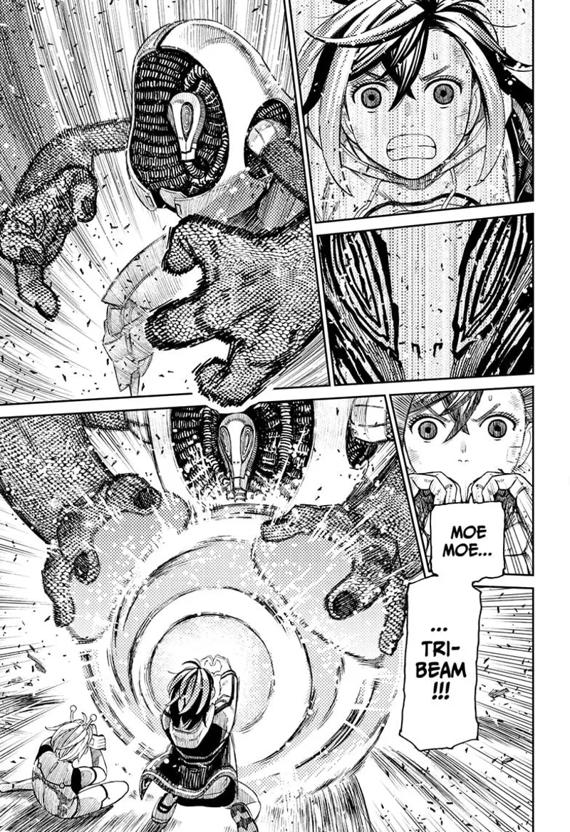 The alien leader tries to grab Momo and Vamola, but Momo uses "Moe Moe Tri-Beam" to defend herself.