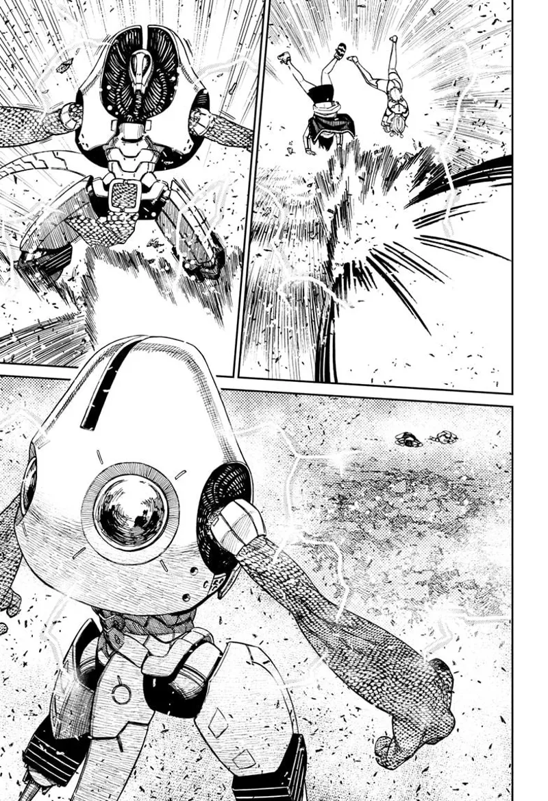 Momo and Vamola flip and get thrown at a distance. The alien leader watches them while his body is covered with electricity.