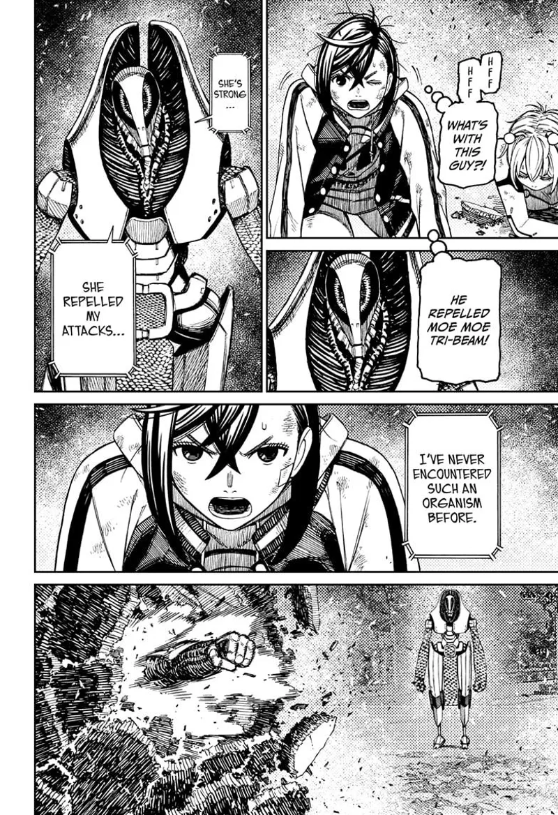 Momo and the alien leader analyze each other. A fist appears at the debris prison.