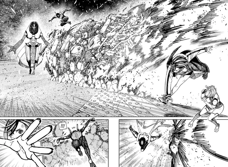 Momo throws debris at the two aliens. The skinny alien jumps and dodges.